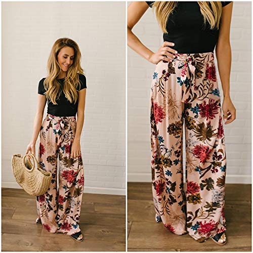 ECOWISH Wide Leg Pants for Women Summer 2024 Palazzo Tropical Floral Belted Casual Lightweight High Waist Flared Trousers with Pockets Pink Small - Image 4