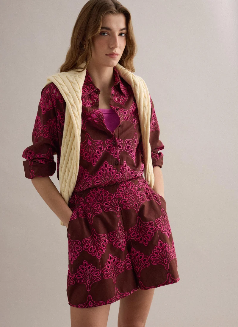 او في اس OVS Multicolour Pure Cotton Shirt With Broderie Anglaise Embroidery, Regular Fit
