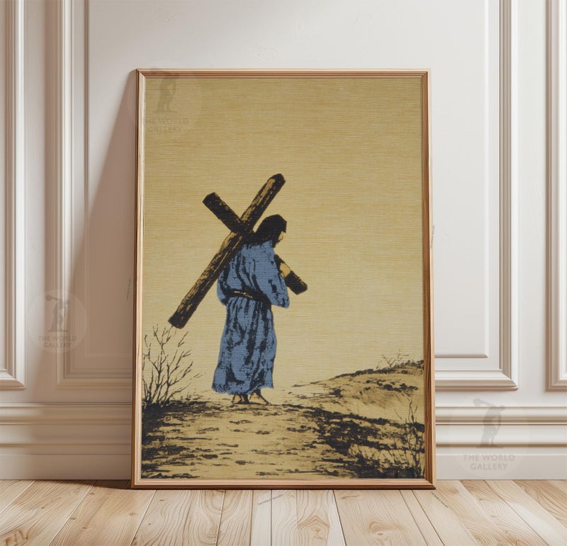 TNESSENTIAL Jesus Carrying Cross Poster | Christian Wall Art | Biblical Religious Illustration Print - Image 1