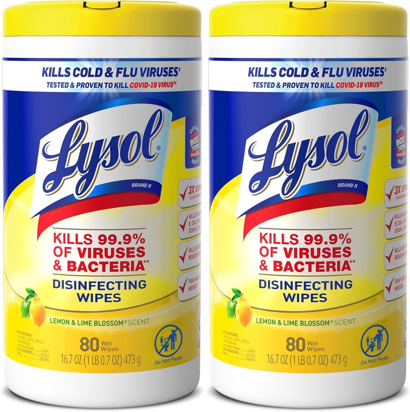 Lysol Disinfectant Wipes Multi-Surface Antibacterial Cleaning Wipes, Dorm Room Essentials For Disinfecting and Cleaning Lemon and Lime Blossom 80 Count (Pack of 2) - Image 1