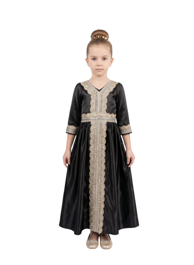 Bidani Black Maxi Abaya with Gold Lace Embroidery