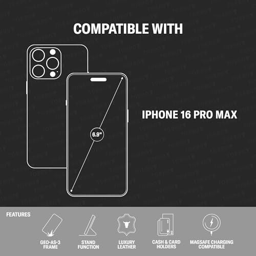 TORRO Premium Leather Case Compatible with iPhone 16 Pro Max 6.9" – Genuine Leather Wallet Flip Folio Case with Kickstand and Card Slots (Compatible with Official MagSafe Chargers) - Black - Image 2
