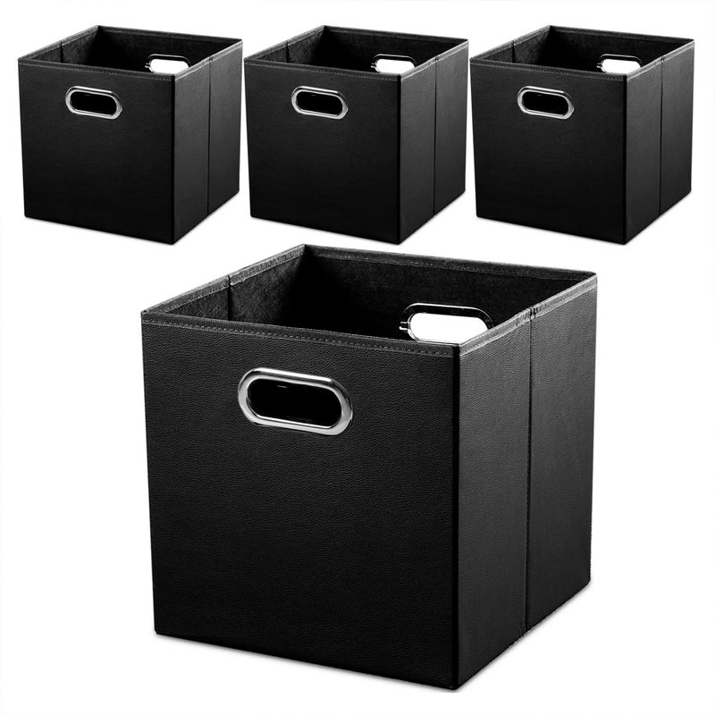 PRANDOM Leather Foldable Cube Storage Bins 13x13 inch [4-Pack] Fabric Storage Baskets Cubes Drawer with Cotton Handles Organizer for Shelves Nursery Closet Bedroom Clothes Black - Image 1