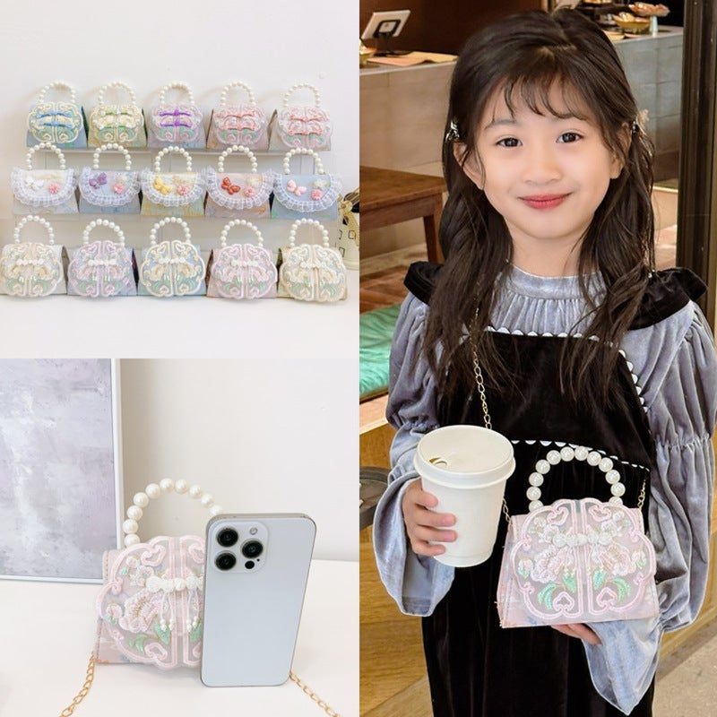 Children'S Bag Cute Guofeng Shoulder Crossbody Bag Princess Accessories Chain Bag Girl'S Pearl Hand Coin Purse - Image 2