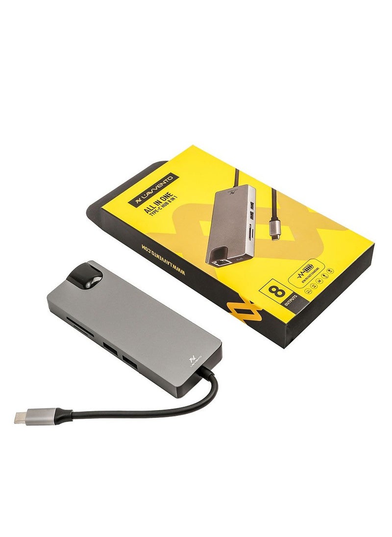LAVVENTO - L'AVVENTO (US017) Type-C Hub 8in 1 - 2 USB 3.0, HDMI 4K, VGA, TF Card, RJ45 - 87W PD Power Output - Image 1