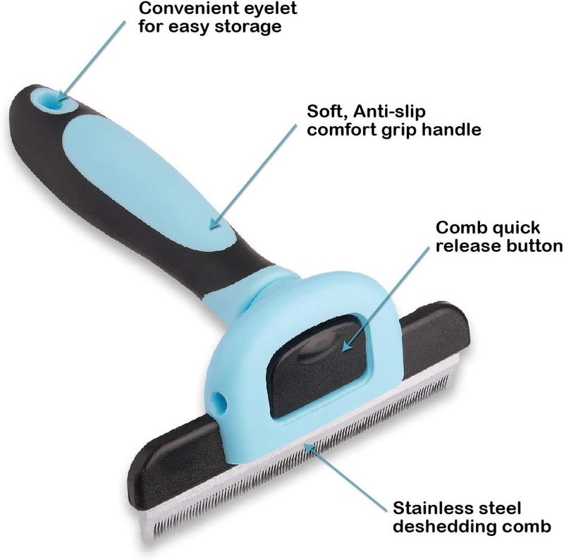 Pets First Professional Pet Brush - Grooming & Deshedding Tool for Cats & Dogs - Reduces Shedding, Dead Hair, Tangles - Detachable Stainless Steel Comb for Easy Cleaning - Soft Anti-Slip Handle,Blue - Image 4