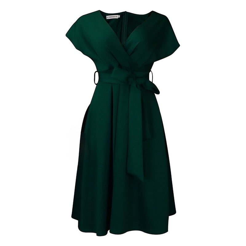 V-Neck Belted Plus Size Dress 2022 New Fashionable Workwear Green  - Image 1