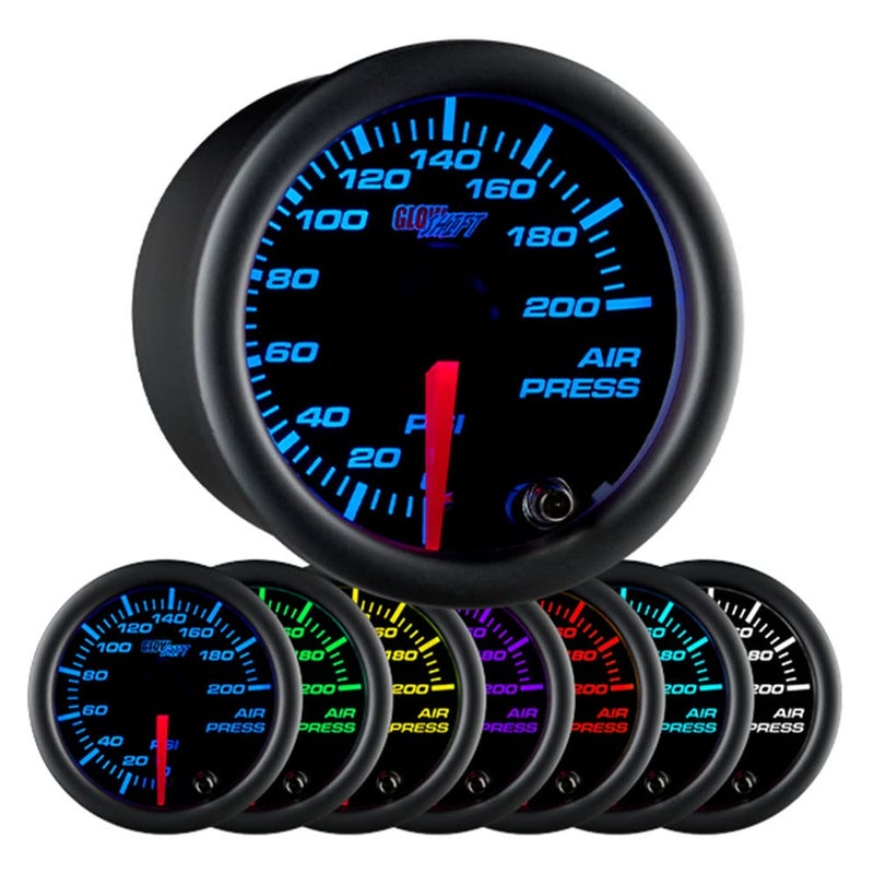 GlowShift Black 7 Color 200 PSI Mechanical Air Pressure Gauge for Air Ride Suspension Systems Includes Wiring MultiColor Display Black Dial Clear Lens 2116 52mm