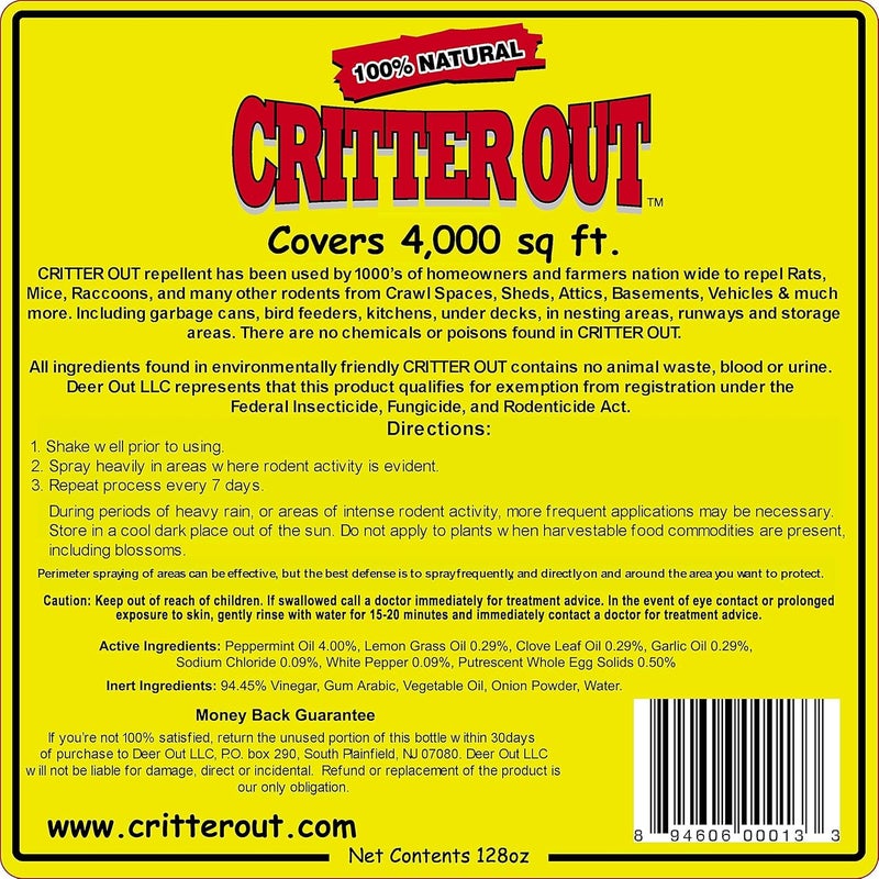 Deer Out Mouse & Rat Repellent: Peppermint Oil Rodent Repellent, Mouse, Rat & Rodent Repellent. Get Rid of Rats Protect Engine Wiring, Prevent Nesting, Stops Chewing: Critter Out 1 Gallon Ready to Use | Mouse & Rat repellent, Peppermint Oil Repellent, Get Rid of Rats, Prevent Nesting, Stops Chewing, Protect Engine Wiring, - Image 2