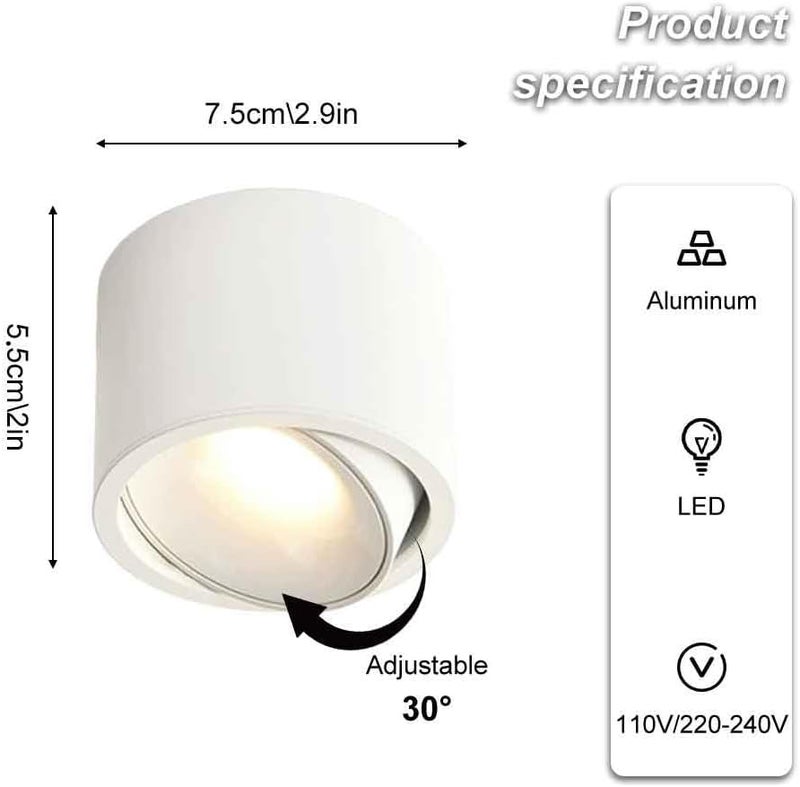 LED Ceiling Spotlight 2.9" Cylinder Spot Light Adjustable Semi Flush Mount Spotlights, Exposed Mounted Focus Accent Lamps for Hallway Living Room(Black+white-6000K,7W) (White 6000K) - Image 4