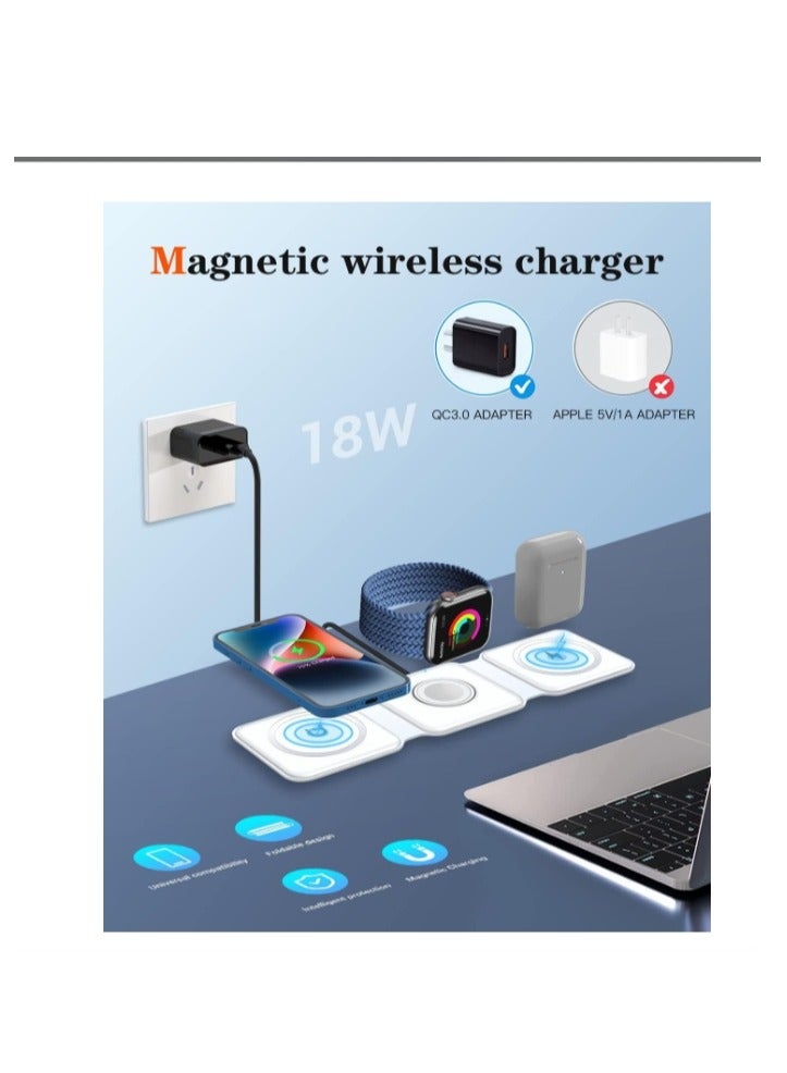 OASIS-TH Foldable 3 in 1 Magnetic Slim Phone Wireless Charger QI 15W Fast Charging 3 in 1 Wireless Charger White  - Image 3