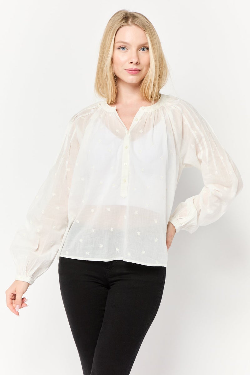 Scotch & Soda Women Round Neck Long Sleeve Embroidered Blouse, Off-White - Image 1