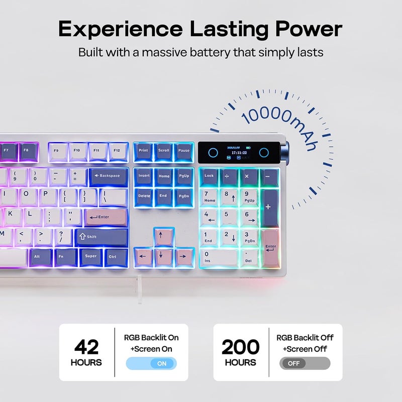 EPOMAKER TH108 PRO Full Size Mechanical Keyboard with Screen & Knob, Wireless Gaming Keyboard with 10000mAh, Creamy Gasket, Hot Swap, Custom Driver, RGB Backlight (White, Sea Salt Silent) - Image 4