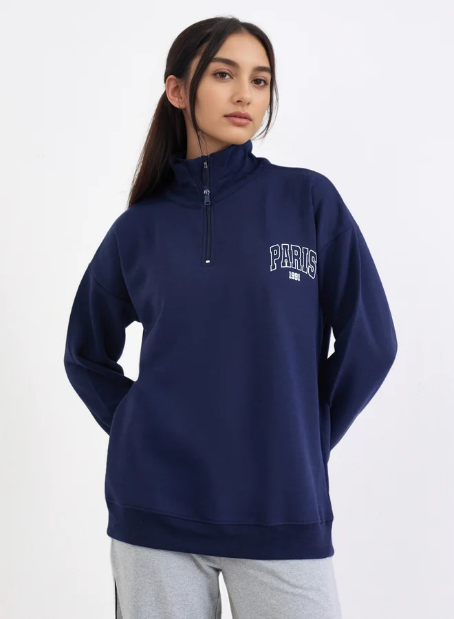 Styli Styli Navy Blue Paris Print Longline Sweatshirt