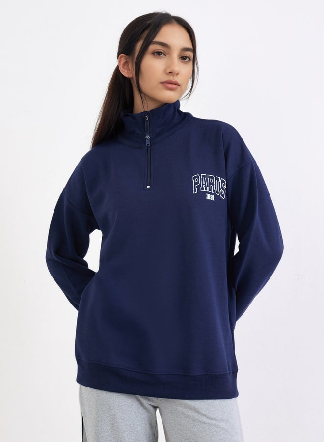 Styli Navy Blue Paris Print Longline Sweatshirt - Image 1