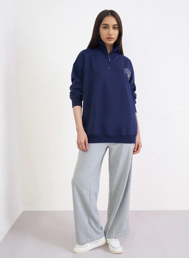 Styli Styli Navy Blue Paris Print Longline Sweatshirt