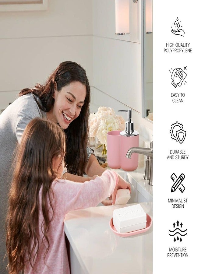 RRM Bathroom Accessory Set, 4 Pcs Plastic Bathroom Set Include Soap Dispenser, Soap Dish, Toothbrush Holder, Mousewash Cup, Modern Bahtroom Décor Set, Space Save for Bathroom(Light Pink) - Image 3