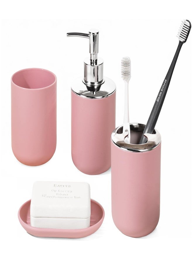 RRM Bathroom Accessory Set, 4 Pcs Plastic Bathroom Set Include Soap Dispenser, Soap Dish, Toothbrush Holder, Mousewash Cup, Modern Bahtroom Décor Set, Space Save for Bathroom(Light Pink) - Image 1