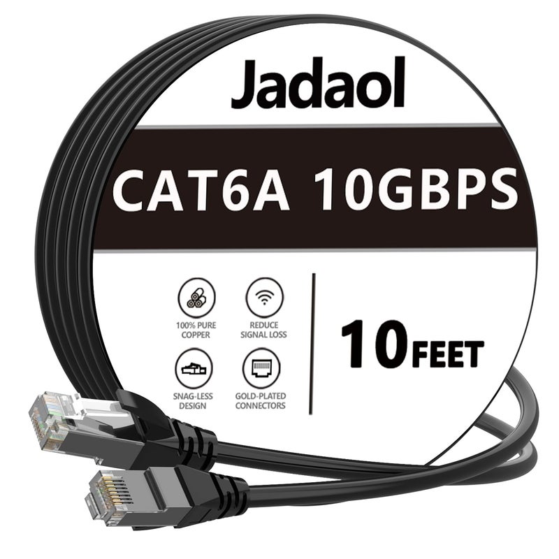 Jadaol Cat6a Ethernet Cable 10 ft, Slim Round 28AWG, 10Gbps 550MHz High-Speed Pure Copper RJ45 LAN Cable, Indoor Snagless Flexible Internet Network Patch Cord for Router, Modem, Switch, Gaming, Black - Image 1