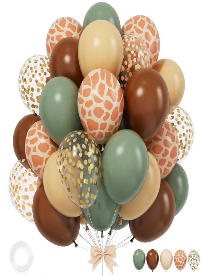 Sowide Green and Brown Balloons, 12 Inchs Sage Green Deer Print Gold Confetti Balloons for Kids Woodland Baby Shower Decorations Safari Jungle Dinosaur Theme Birthday Party Wedding Grauation Supplies - Image 1