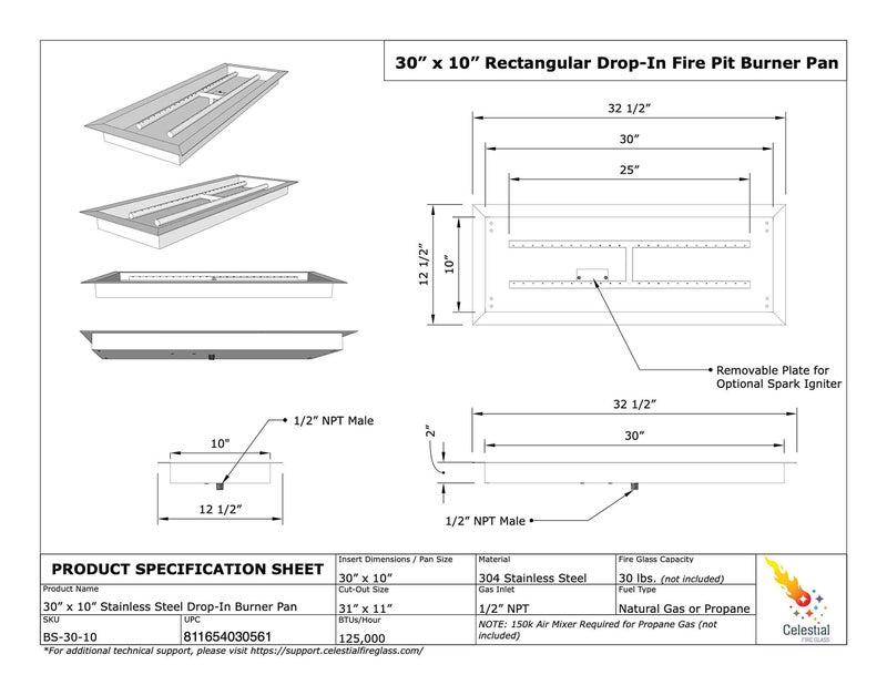 Celestial Fire Glass Celestial 30" x 10" Drop-in Fire Pit Pan w/Burner, Stainless Steel, 125,000 BTU, Natural Gas or Propane, for Easy Installation in DIY Outdoor Gas Fire Pits - Image 5
