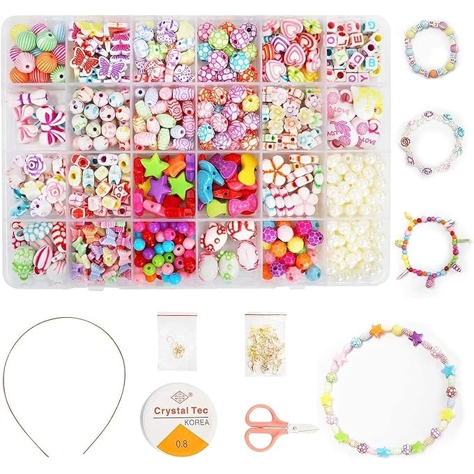 Children DIY Bead Set, 550pcs Pony Alphabet Pop Beads for Making Necklace Bracelet Ring, Art Craft & Jewellery Making Kit for Kids Girls Age 4 5 6 7 8, 24 Types