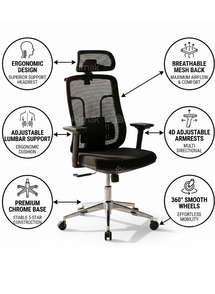 Karnak Firman High Back Office Chair, Height and Headrest Adjustable Desk Chair with Lumbar Support and Wheels for Work, Study and Gaming - Image 3