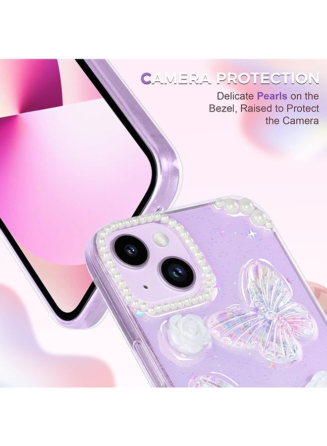 دبليو أف أف أو متوافق مع جراب آيفون 13 - جراب هاتف 3D Butterfly Rose Flower Shiny Girl - جراب هاتف شفاف - مع جراب هاتف Aesthetic Rose Floral Shiny - حماية من السقوط TPU - Crystal Butterfly - Image 2