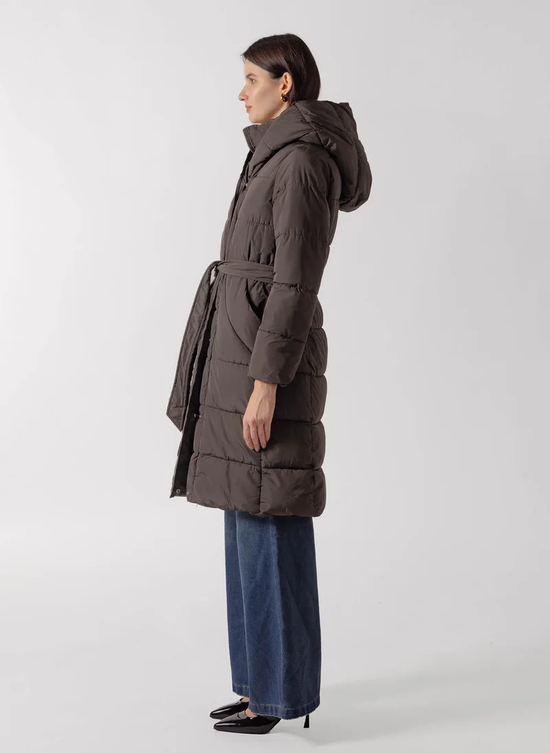 Shapes BROWN BELTED LONGLINE PUFFER COAT for Women | Best Price UAE
