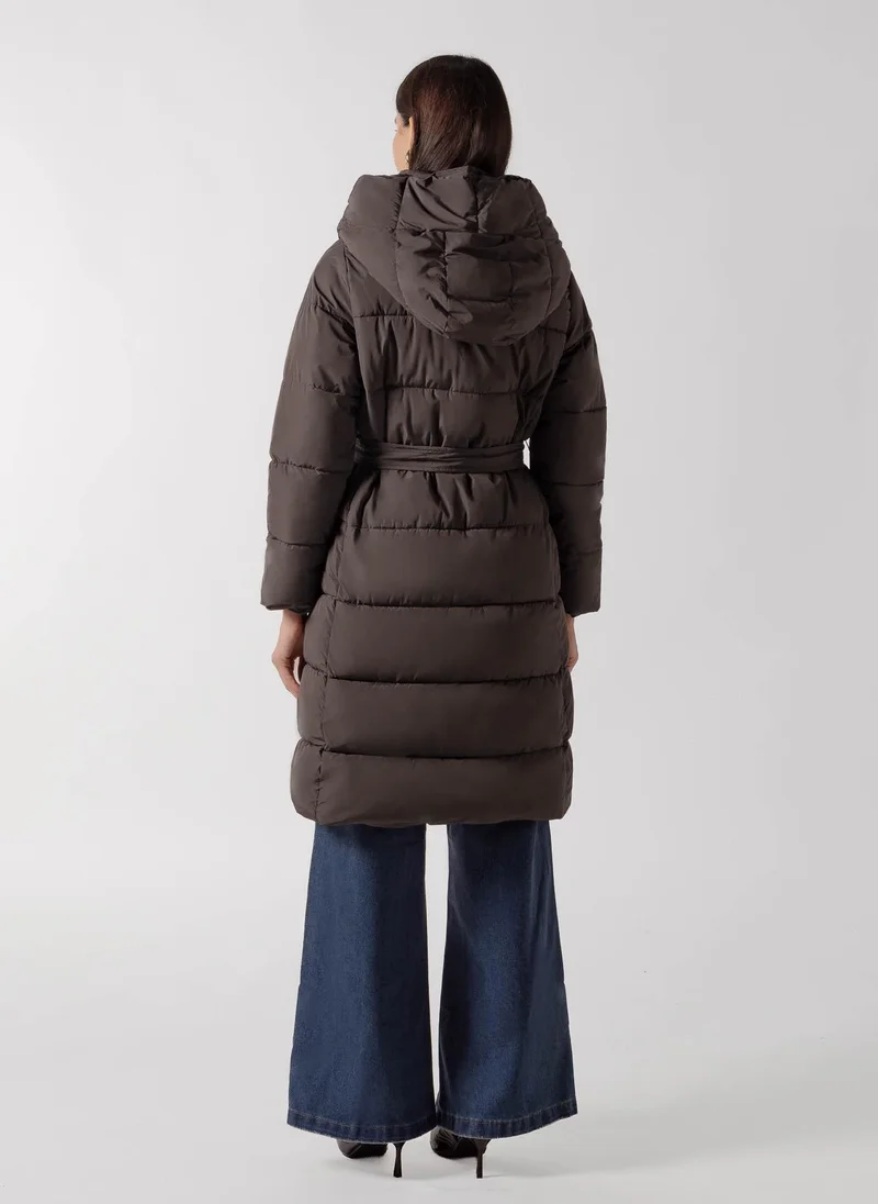 Shapes BROWN BELTED LONGLINE PUFFER COAT for Women | Best Price UAE