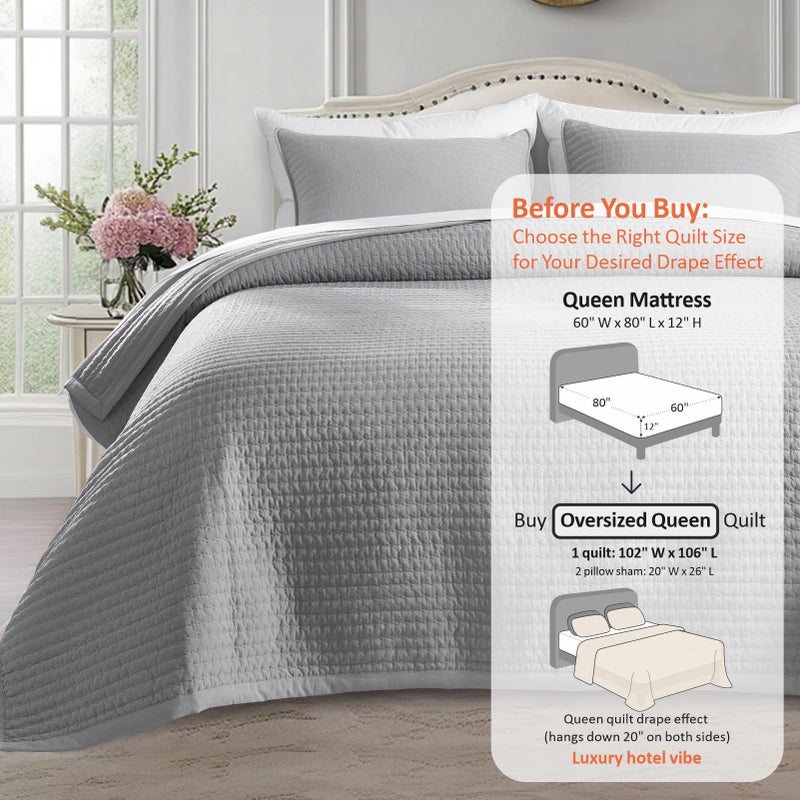 KASENTEX Oversized Queen Quilt Set 102"x106" â€“ Soft Washed 3-Layer Lightweight Bedspread, Minimalist Nordic Design, All-Season Spring & Summer Quilt Set (1 Quilt + 2 Pillow Shams), Solid Grey - Image 3