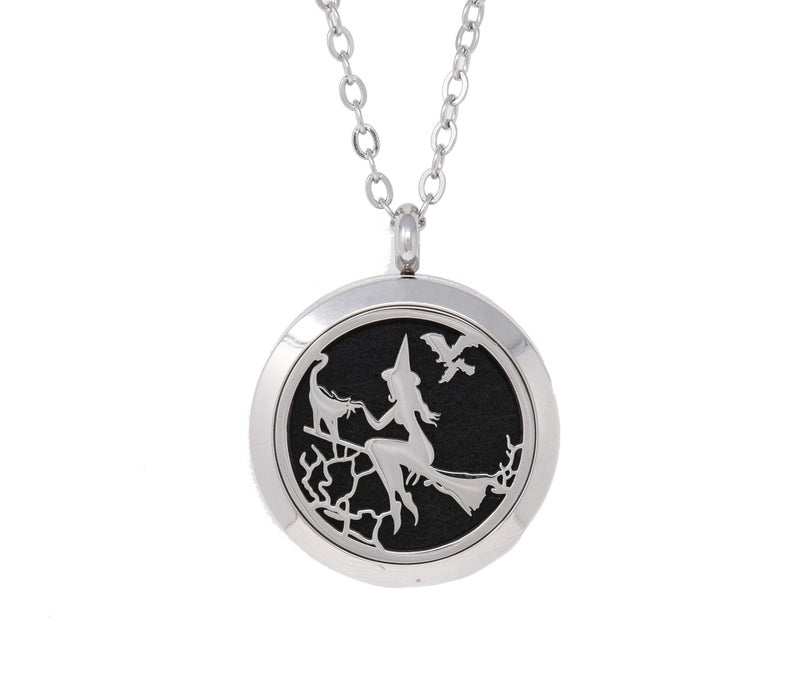 Simply Essential Solutions Aromatherapy Essential Oil Diffuser Stainless Steel 30MM Silver Magnetic Locket Pendant 2 Sizes Chain Necklace, Refill Pads & Diffuser Bracelet in a Velvet Bag (Witch) - Image 1
