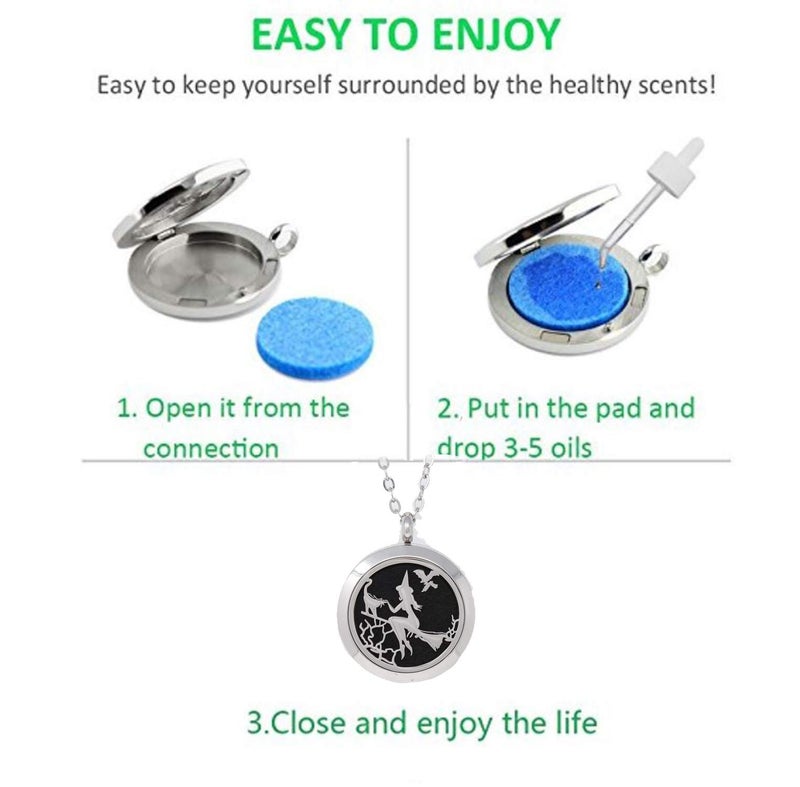 Simply Essential Solutions Aromatherapy Essential Oil Diffuser Stainless Steel 30MM Silver Magnetic Locket Pendant 2 Sizes Chain Necklace, Refill Pads & Diffuser Bracelet in a Velvet Bag (Witch) - Image 4