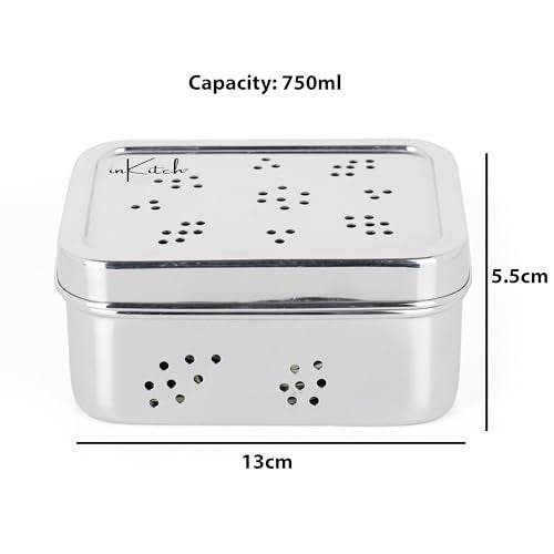 inKitch Stainless Steel Hole Dabba with Air Ventilation | 750ML Food Storage Container for Puri, Dhaniya, Sprouts, Dry Fruits, Chocolates | Multi-Purpose Steel Utility Kitchen Container - Image 4