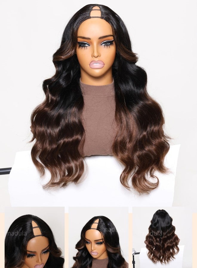 Nadula Highlight V Part Body Wave Wigs Human Hair No Leave Out Black to Chestnut Brown Ombre Upgrade U Part Wigs, 12A Glueless Ombre V-part Wavy Wigs Clip in Half Wig Ready to Go 180% Density 14inch - Image 5