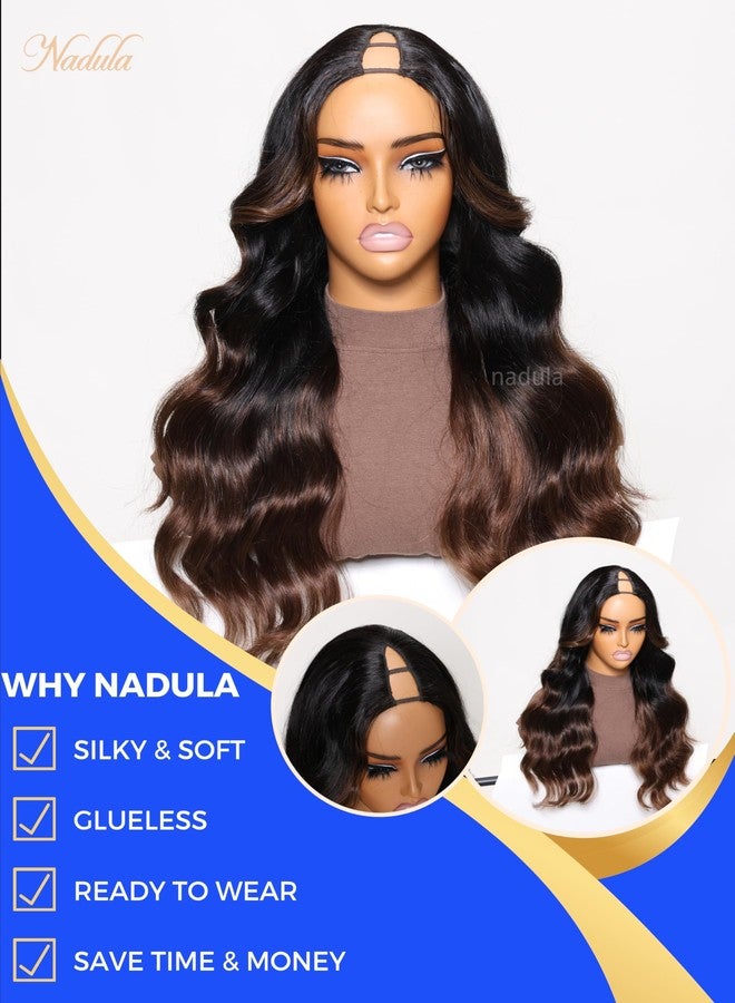 Nadula Highlight V Part Body Wave Wigs Human Hair No Leave Out Black to Chestnut Brown Ombre Upgrade U Part Wigs, 12A Glueless Ombre V-part Wavy Wigs Clip in Half Wig Ready to Go 180% Density 14inch - Image 2