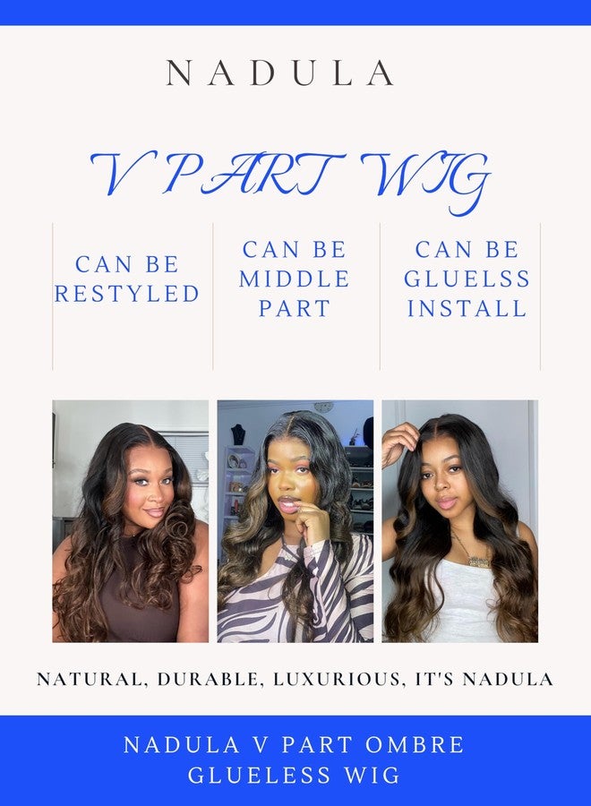 Nadula Highlight V Part Body Wave Wigs Human Hair No Leave Out Black to Chestnut Brown Ombre Upgrade U Part Wigs, 12A Glueless Ombre V-part Wavy Wigs Clip in Half Wig Ready to Go 180% Density 14inch - Image 4