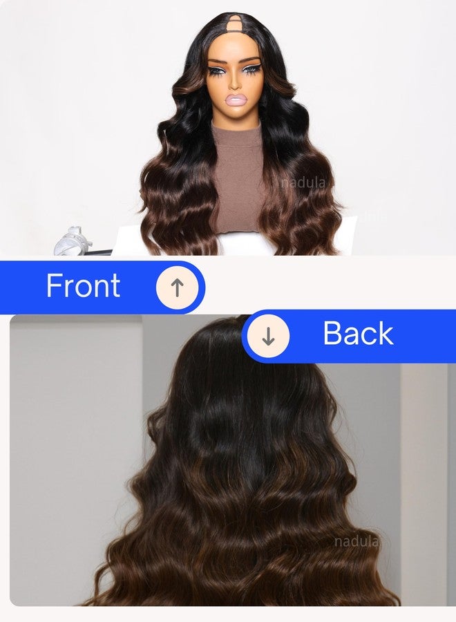 Nadula Highlight V Part Body Wave Wigs Human Hair No Leave Out Black to Chestnut Brown Ombre Upgrade U Part Wigs, 12A Glueless Ombre V-part Wavy Wigs Clip in Half Wig Ready to Go 180% Density 14inch - Image 3