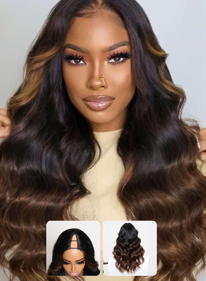 Nadula Highlight V Part Body Wave Wigs Human Hair No Leave Out Black to Chestnut Brown Ombre Upgrade U Part Wigs, 12A Glueless Ombre V-part Wavy Wigs Clip in Half Wig Ready to Go 180% Density 14inch - Image 1