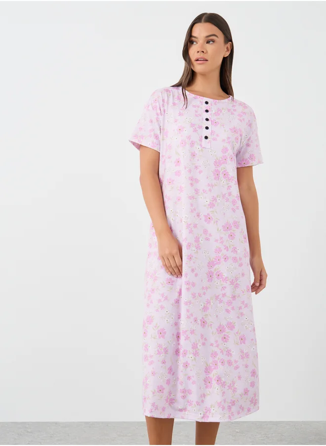 ستايلي Styli All-Over Print Short Sleeve Buttoned Night Dress