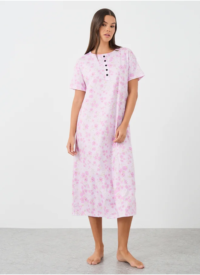 ستايلي Styli All-Over Print Short Sleeve Buttoned Night Dress