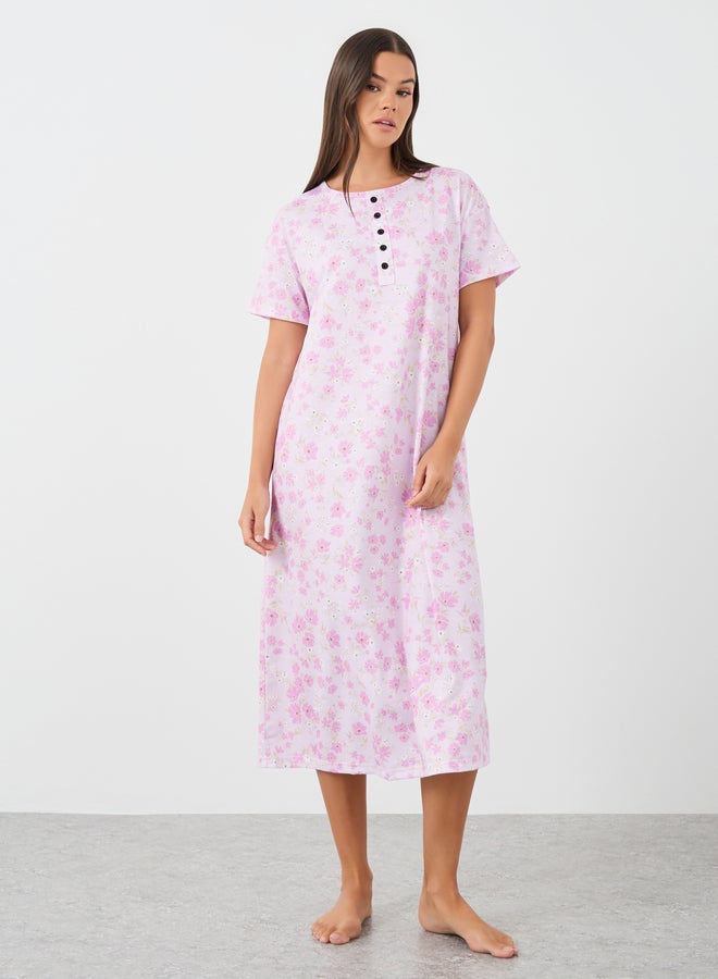 Styli All-Over Print Short Sleeve Buttoned Night Dress - Image 1