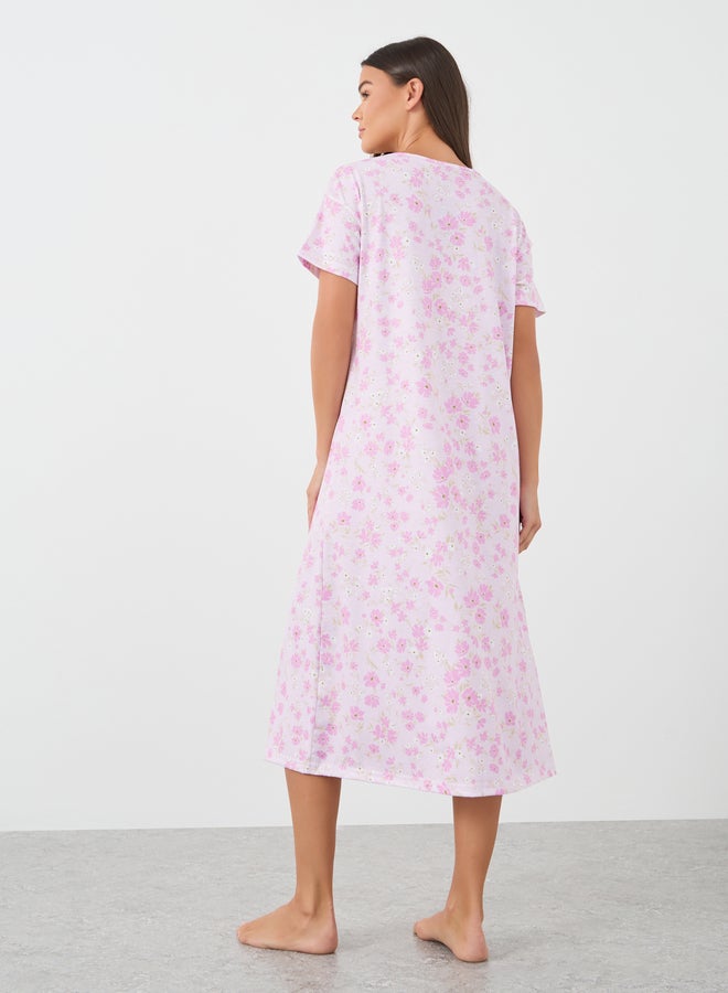 Styli All-Over Print Short Sleeve Buttoned Night Dress - Image 4