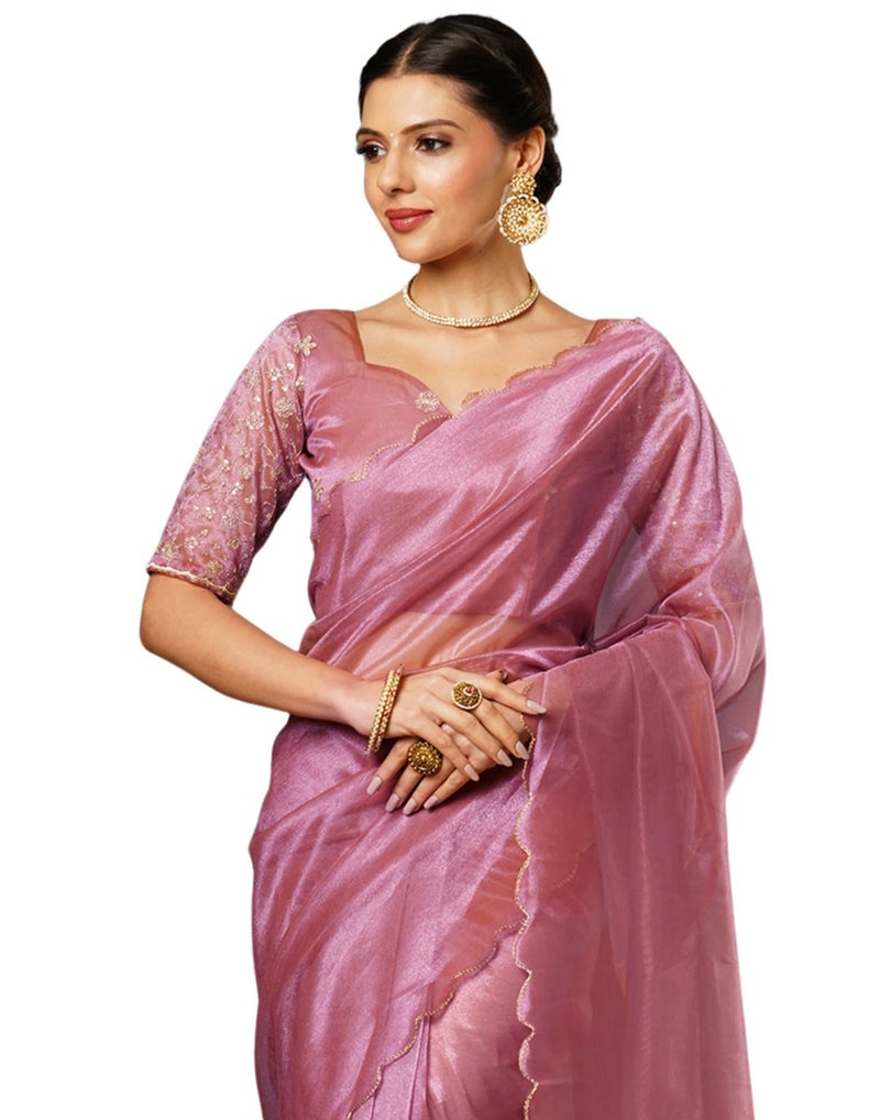 SIRIL Women's Shimmer Net Embroidery And Scalloped Border Saree With Unstitched Blouse Piece (3899S444_Rose Pink) - Image 1