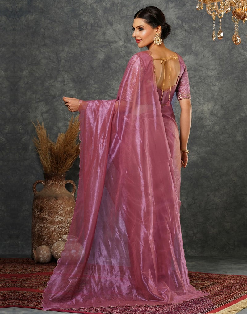 SIRIL Women's Shimmer Net Embroidery And Scalloped Border Saree With Unstitched Blouse Piece (3899S444_Rose Pink) - Image 3