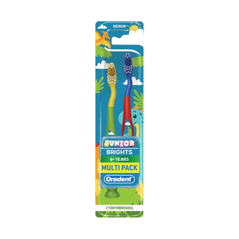 Oradent Junior Brights 6+ Years Toothbrush, Medium, Curved Handle, and Suction Base for Kids, Pack of 2pcs