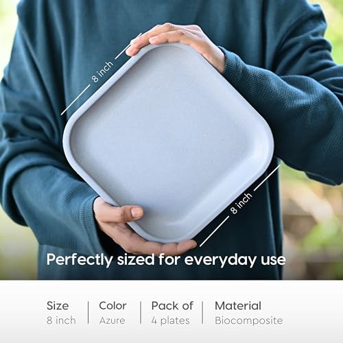 Eha Set of 4 Earth-Friendly Snack Plate | 8 inch |Snacks Serving Plates Made with Bamboo Fibers & Rice Husk Fiber | Microwave Safe Plates |Snacks Plate for Hot & Cold Servings | Azure - Image 2