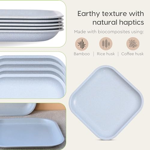 Eha Set of 4 Earth-Friendly Snack Plate | 8 inch |Snacks Serving Plates Made with Bamboo Fibers & Rice Husk Fiber | Microwave Safe Plates |Snacks Plate for Hot & Cold Servings | Azure - Image 5