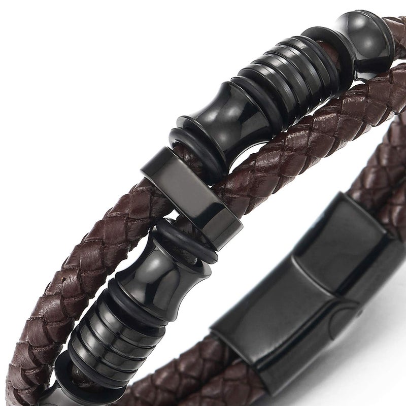 COOLSTEELANDBEYOND Mens Double-Row Brown Braided Leather Bracelet Bangle Wristband with Black Stainless Steel Ornaments - Image 2