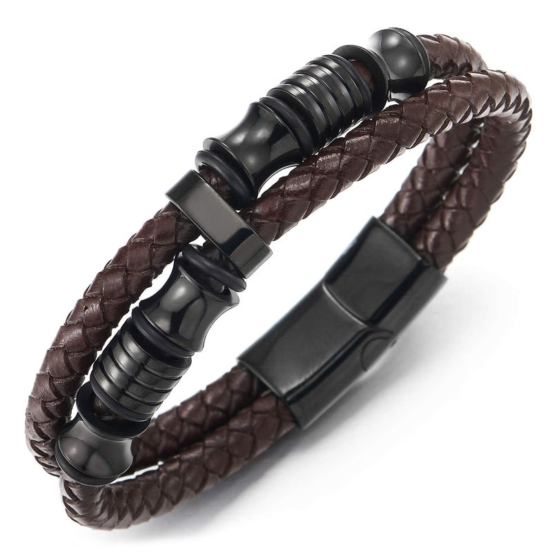 COOLSTEELANDBEYOND Mens Double-Row Brown Braided Leather Bracelet Bangle Wristband with Black Stainless Steel Ornaments - Image 1